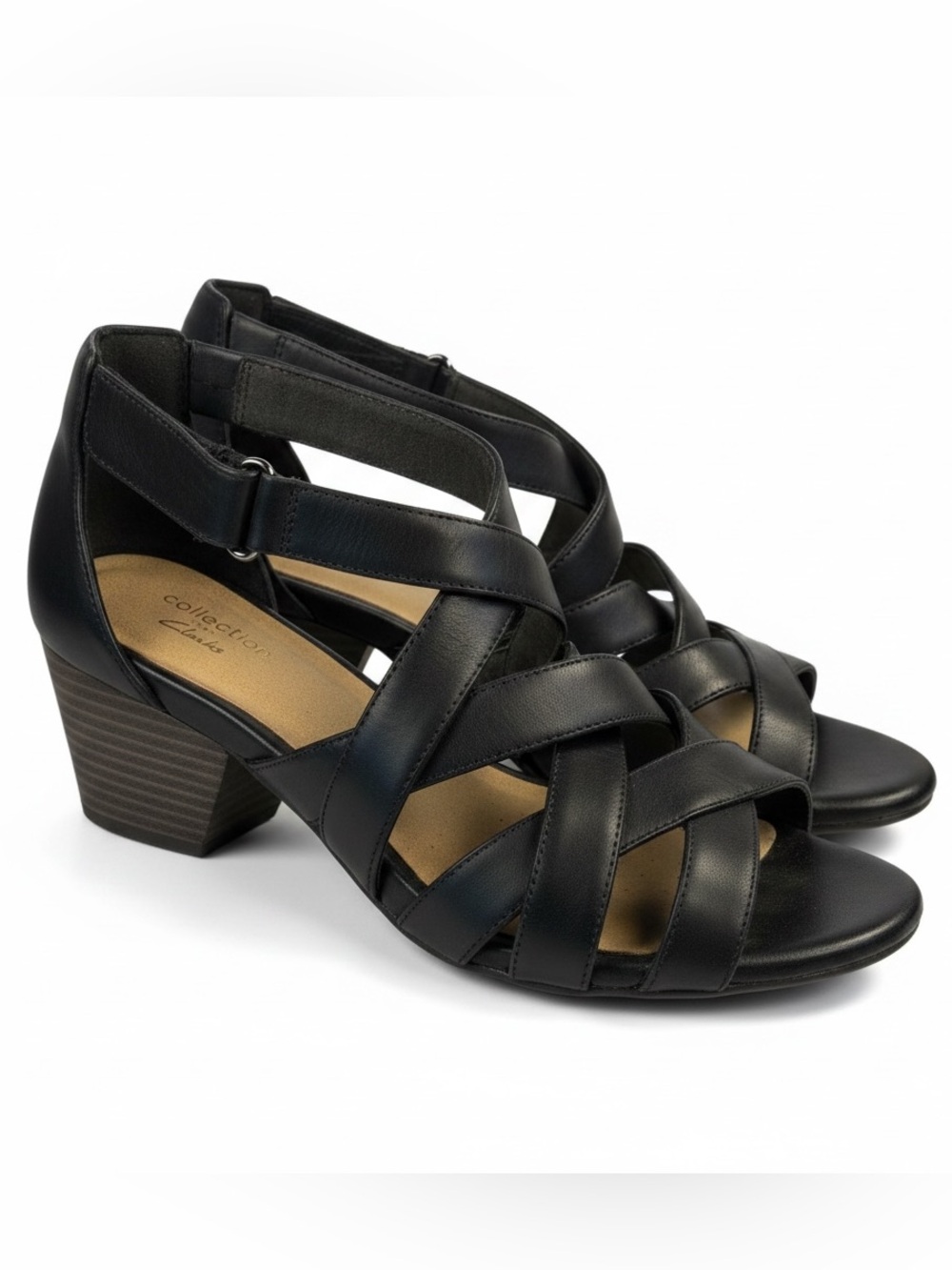 Clarks Women’s Lorene Pop Heeled Strappy Sandal Black Leather Size 7